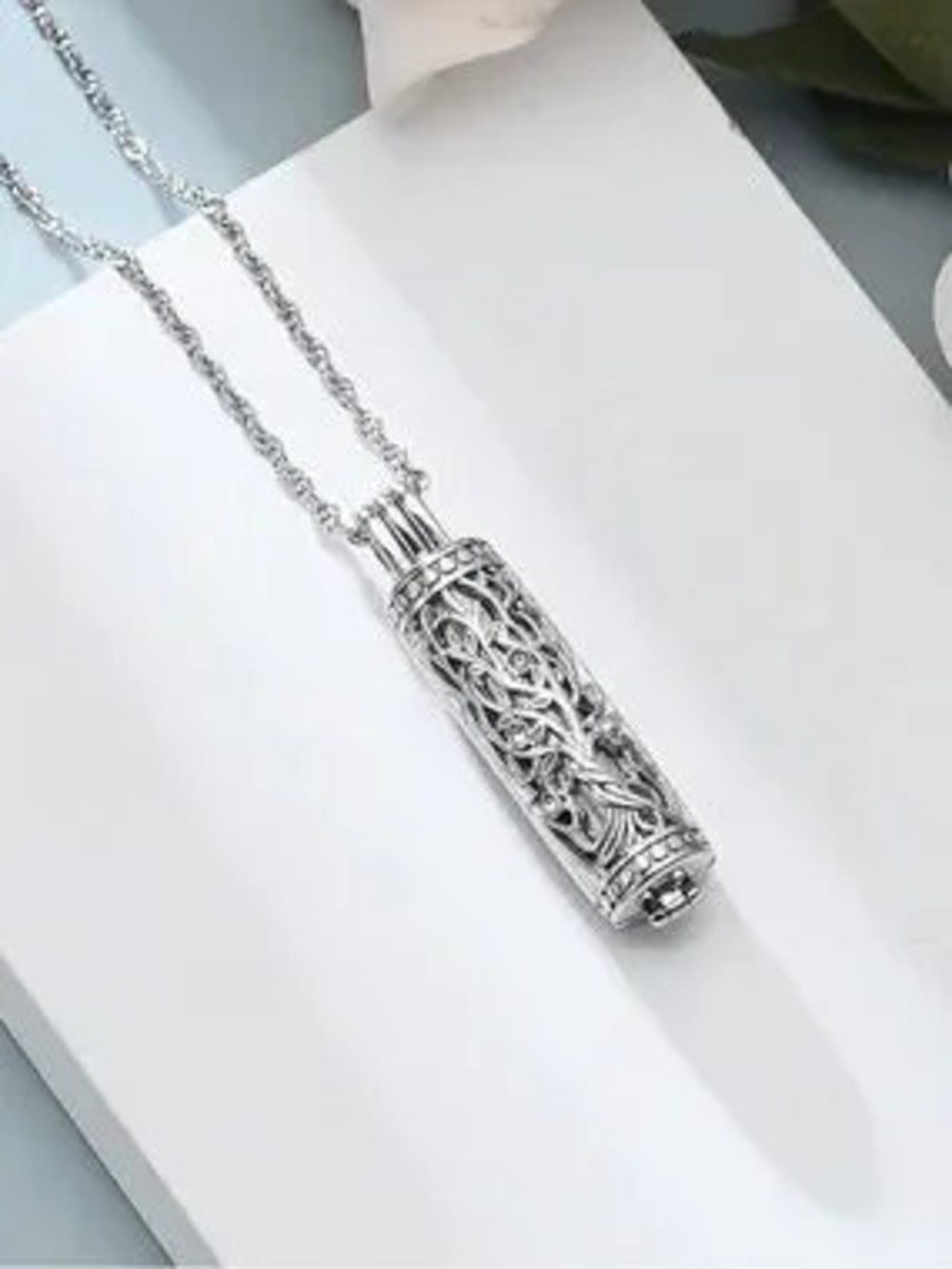 Anthropologie Silver Filigree Cylinder Pendant Necklace